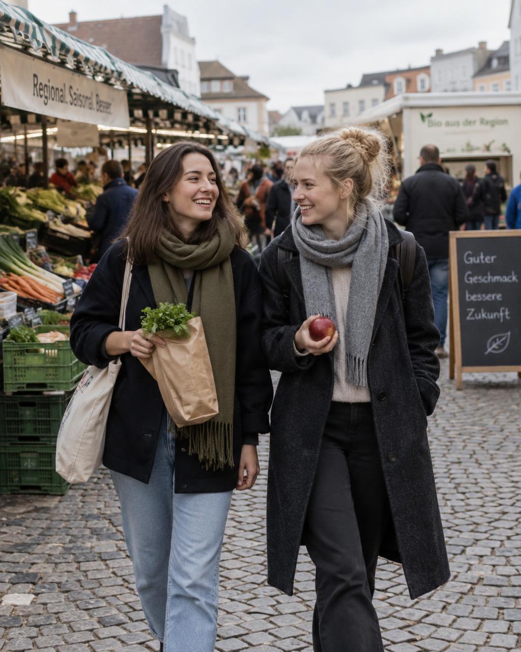 Two friends walking through a busy market in Germany
