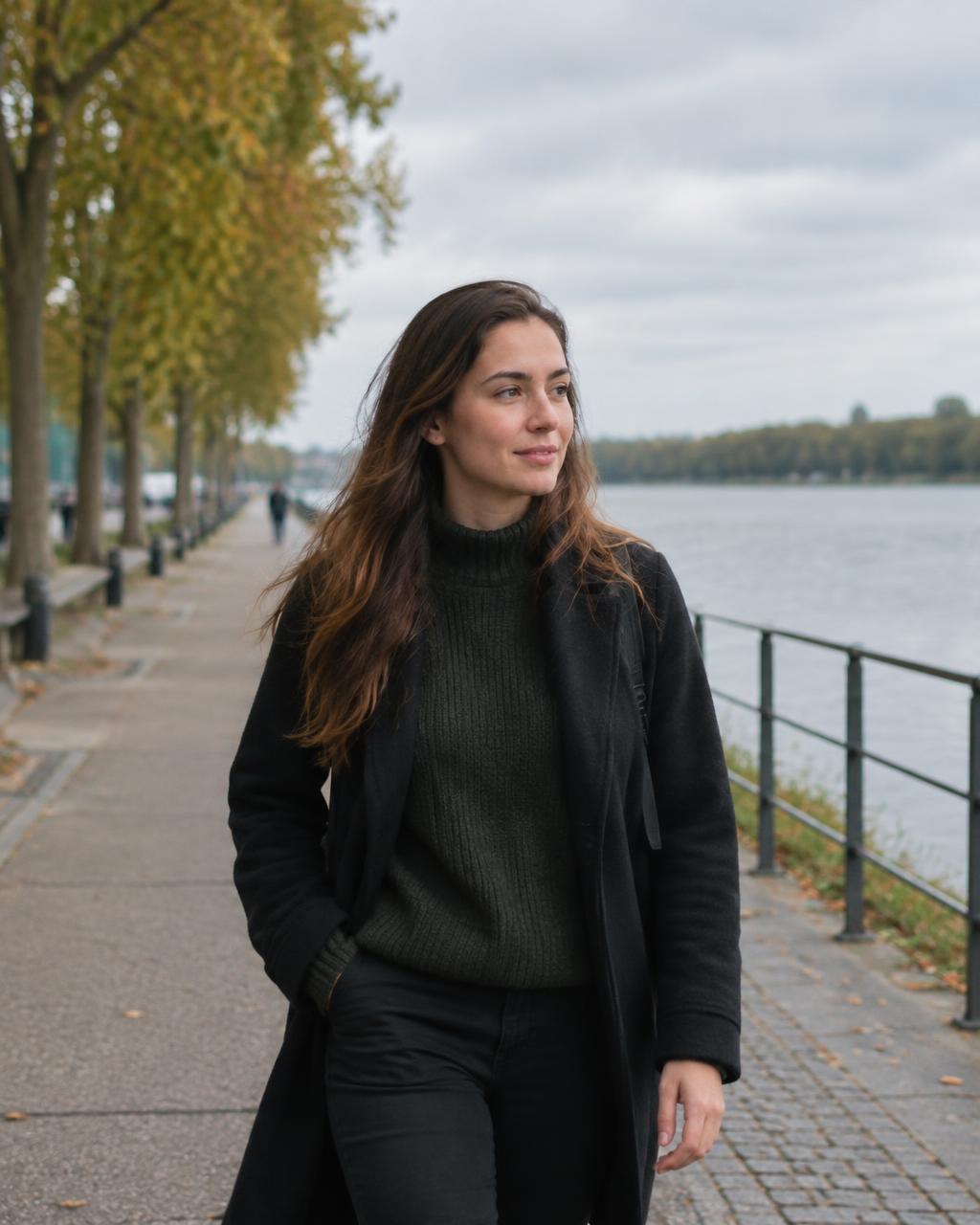 A woman walking along the Rhein river promenade in Germany