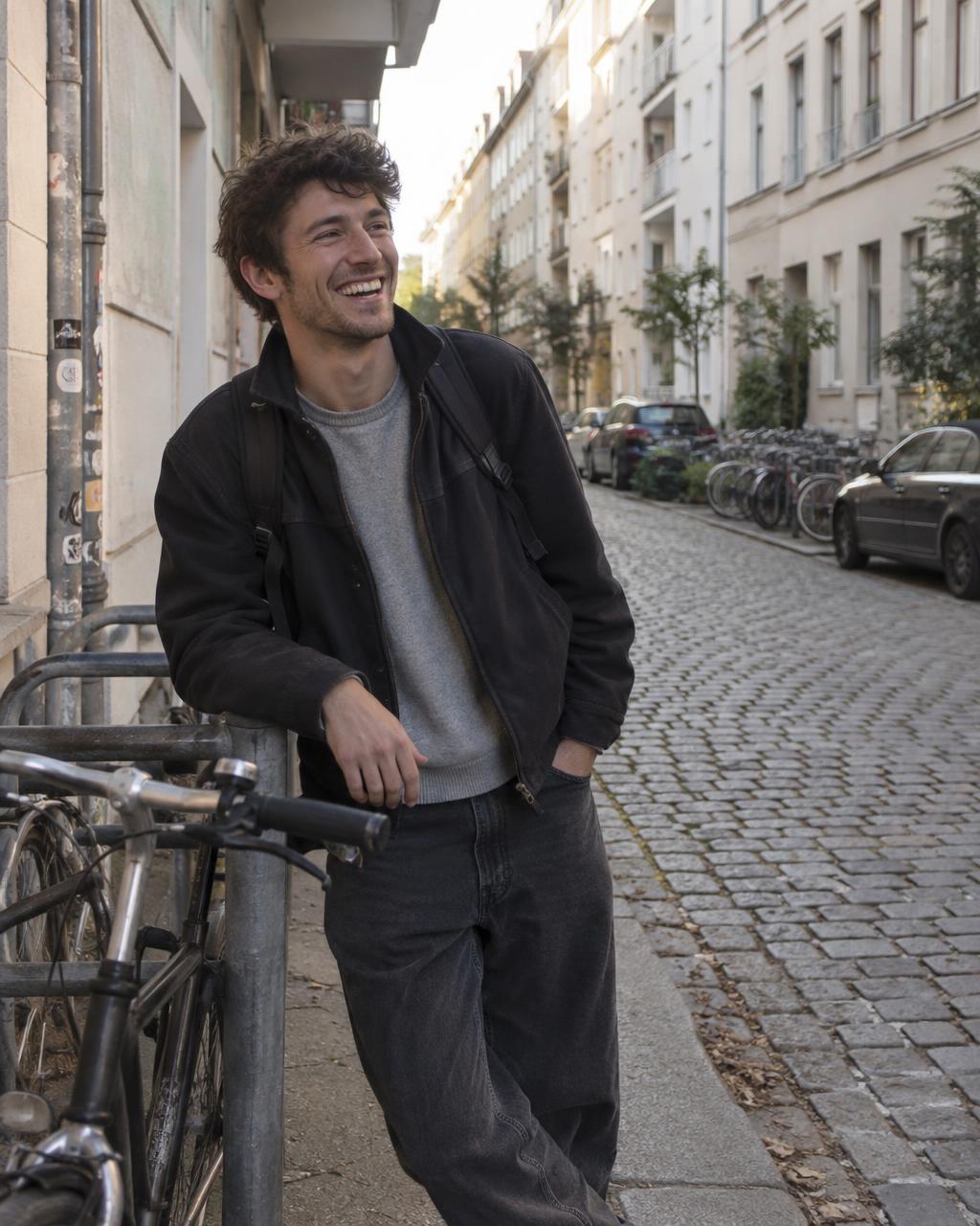A young man laughing on a city street in Germany